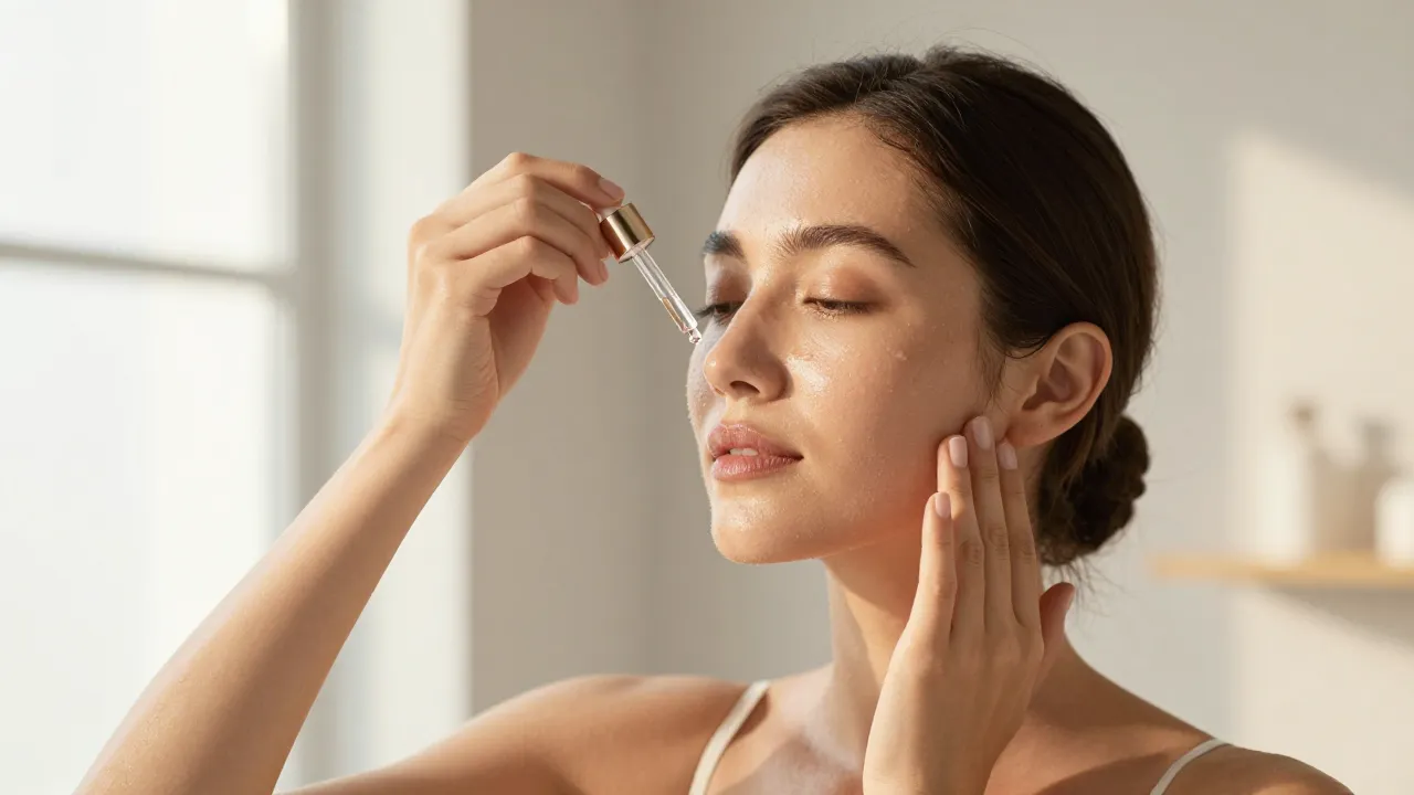 Woman applying serum with glass dropper to face in bathroom with soft golden hour light