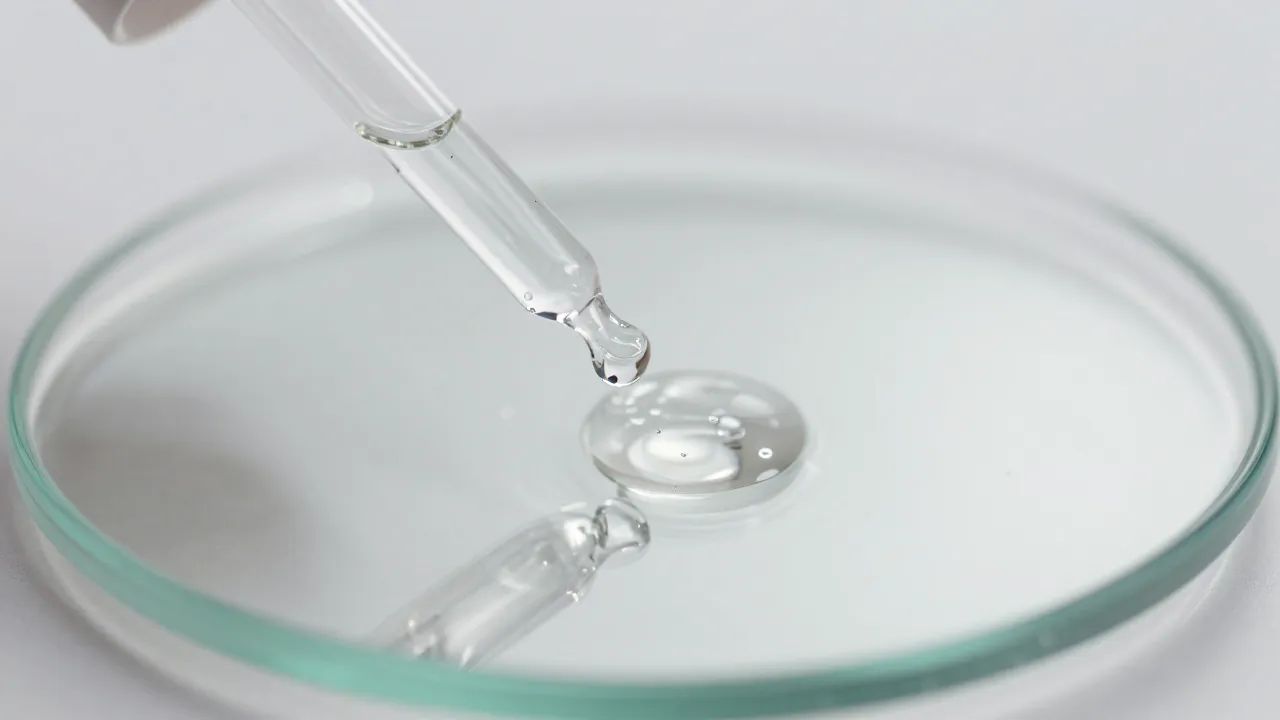 Close-up macro of clear serum droplets on glass surface with pipette and bokeh reflections