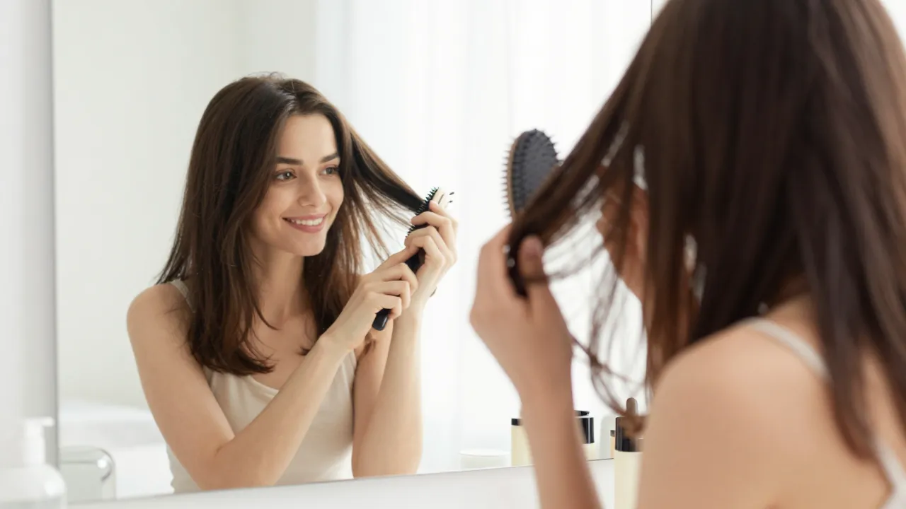 Woman brushing thick healthy hair in front of vanity mirror with bright natural light