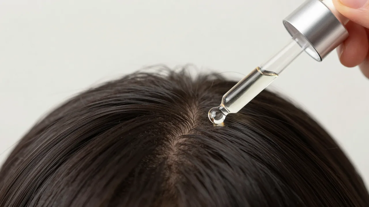 Close-up of scalp treatment serum being applied with dropper to hair part line