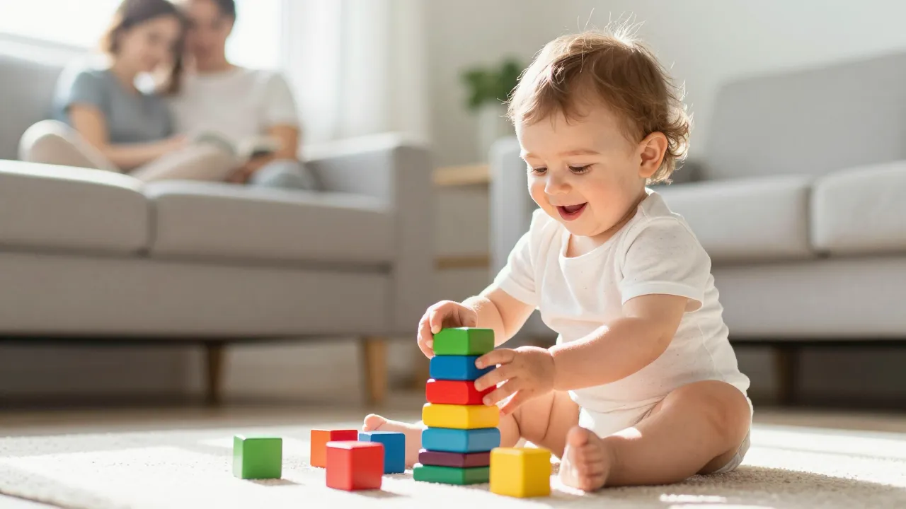 Toddler playing with colorful wooden stacking blocks in bright sunlit playroom