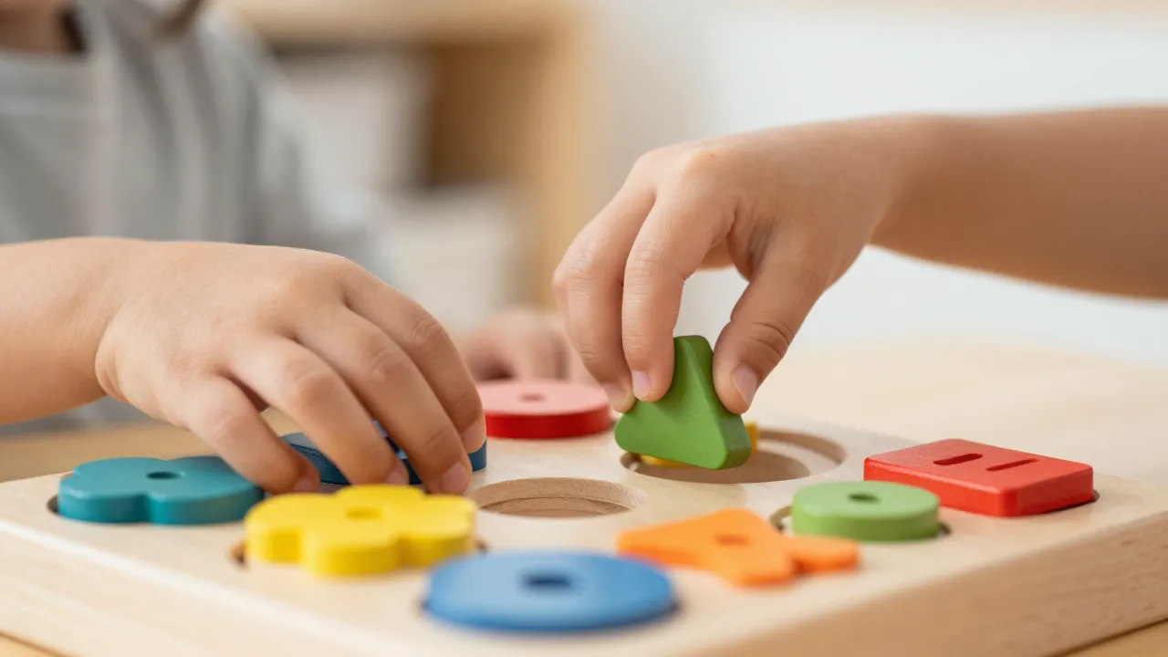 Small hands sorting colorful wooden shapes into shape sorter toy in warm playroom light