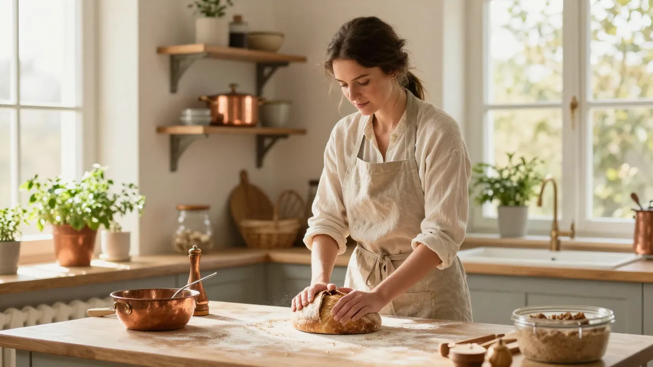 Woman in linen apron kneading sourdough in sunny farmhouse kitchen with copper pots and herbs