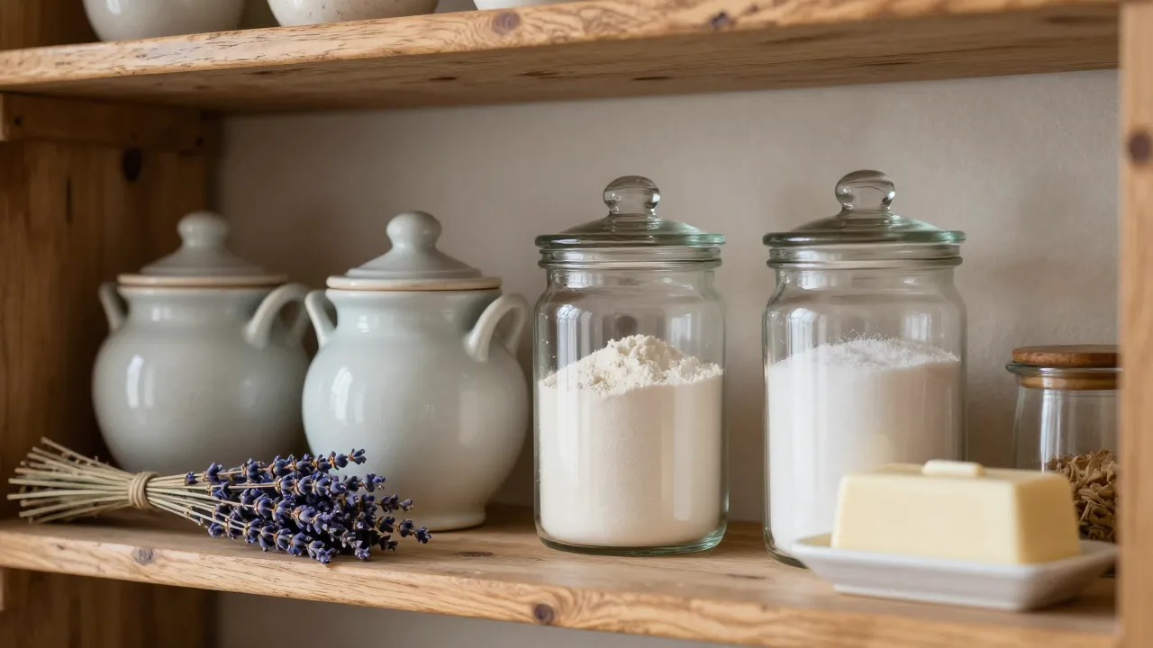 Rustic kitchen shelf with vintage stoneware glass canisters dried lavender and ceramic butter dish
