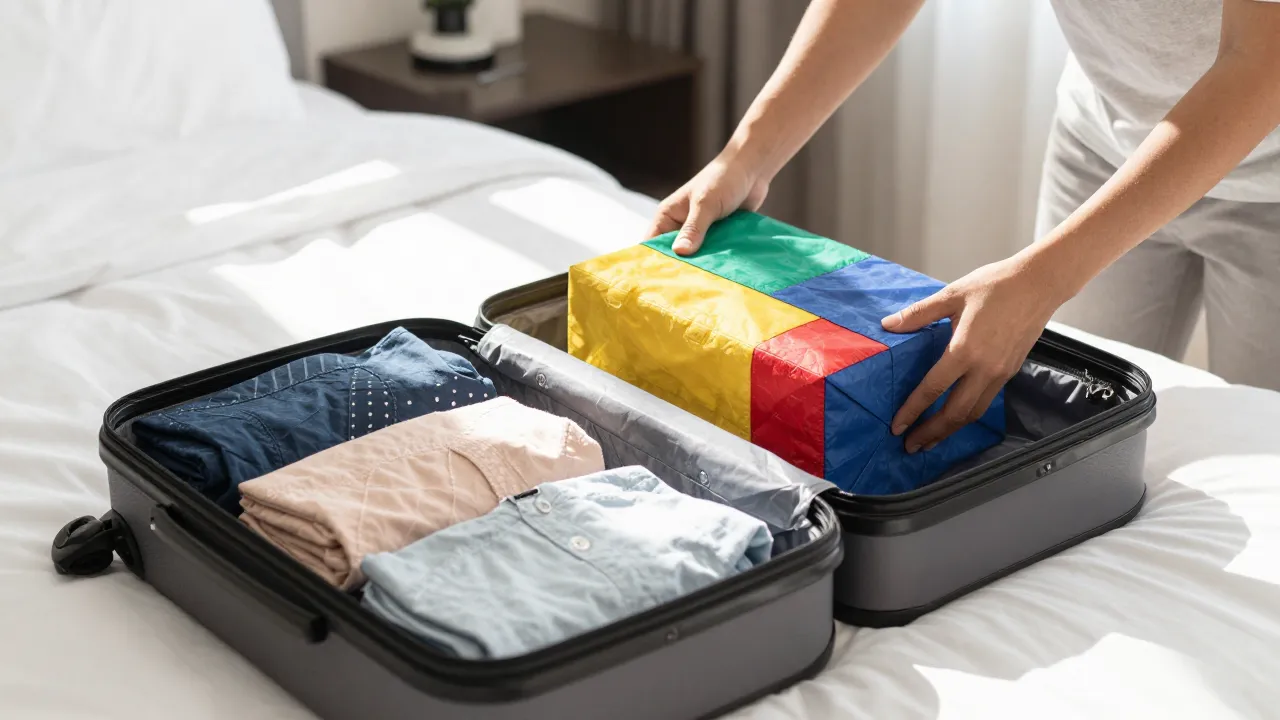 Person organizing colorful packing cubes into open suitcase on hotel bed in bright airy room