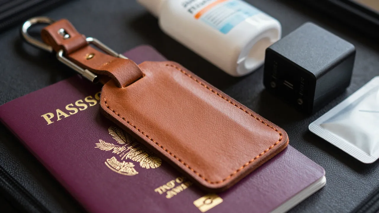 Close-up of travel accessories with leather luggage tag TSA lock and universal adapter on passport