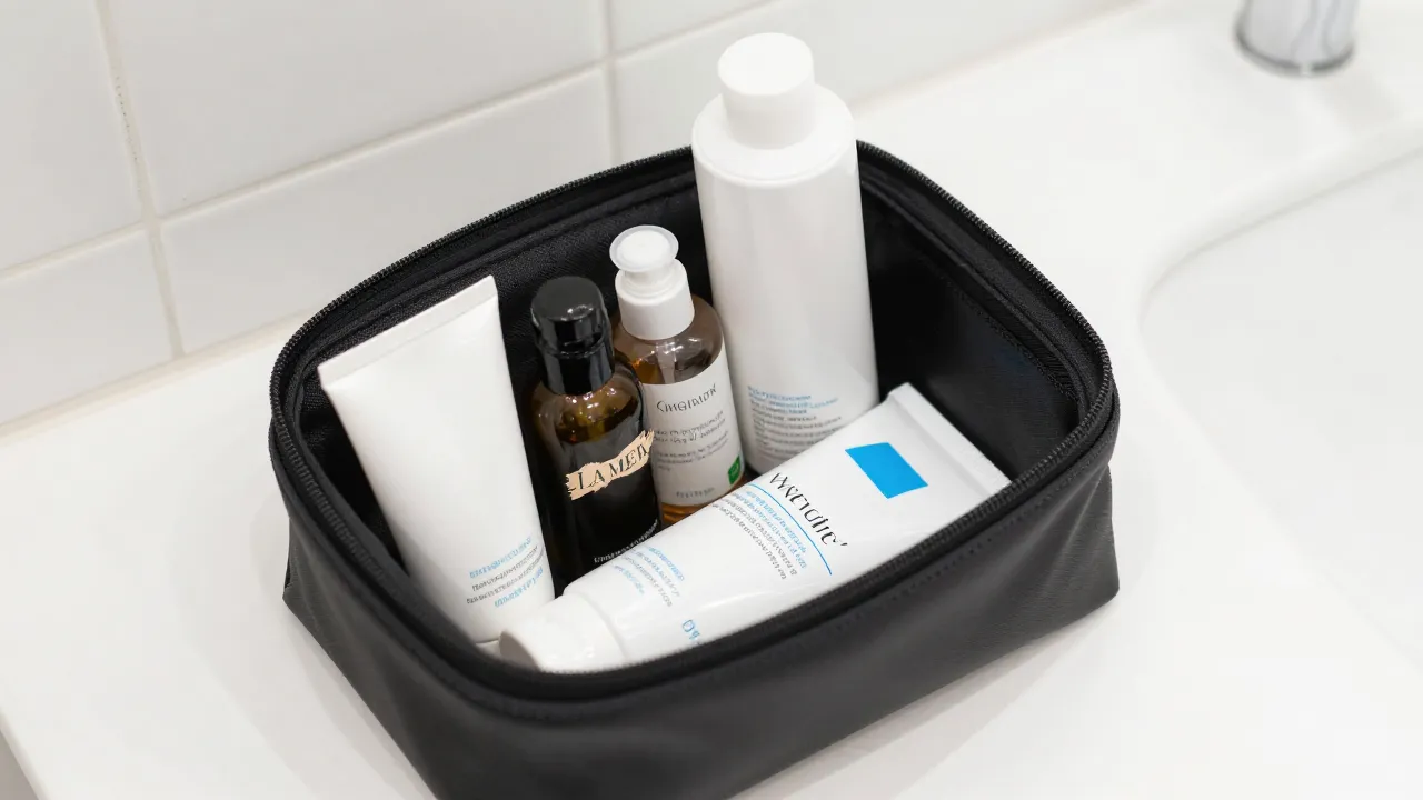 Organized travel toiletry bag unzipped on hotel bathroom counter showing mini bottles and tubes