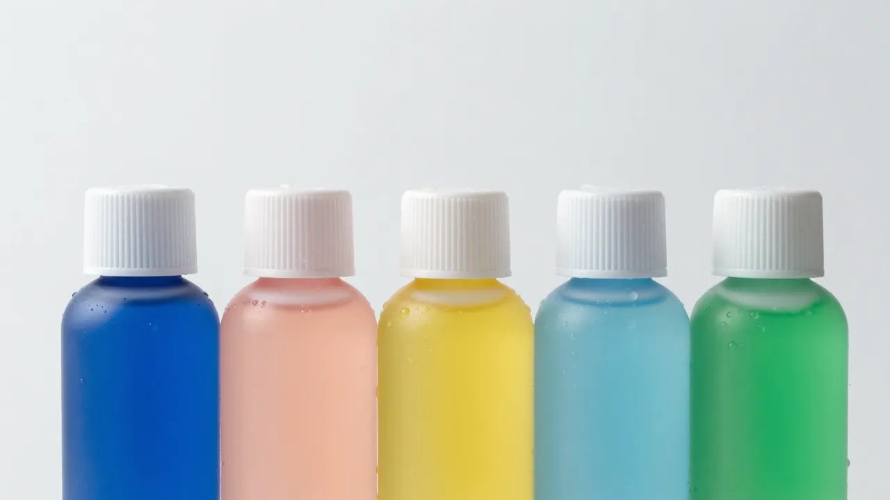 Colorful travel-size bottles lined up in a row with water droplets on clean surface