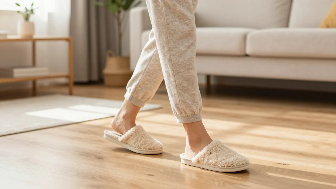 Woman wearing cozy sherpa slippers walking on hardwood floor in bright sunlit living room