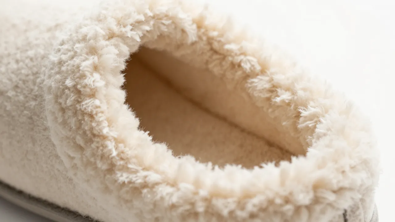 Close-up detail of fluffy sherpa slipper interior lining showing plush texture