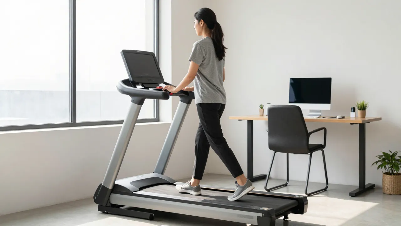 Person walking on slim under-desk treadmill while typing at standing desk in bright home office