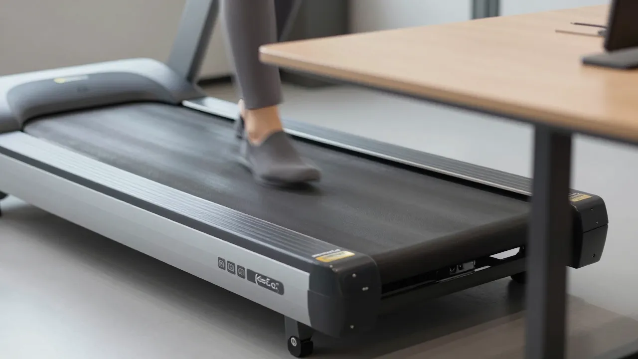 Close-up of walking pad treadmill belt and compact frame slid under desk showing slim profile
