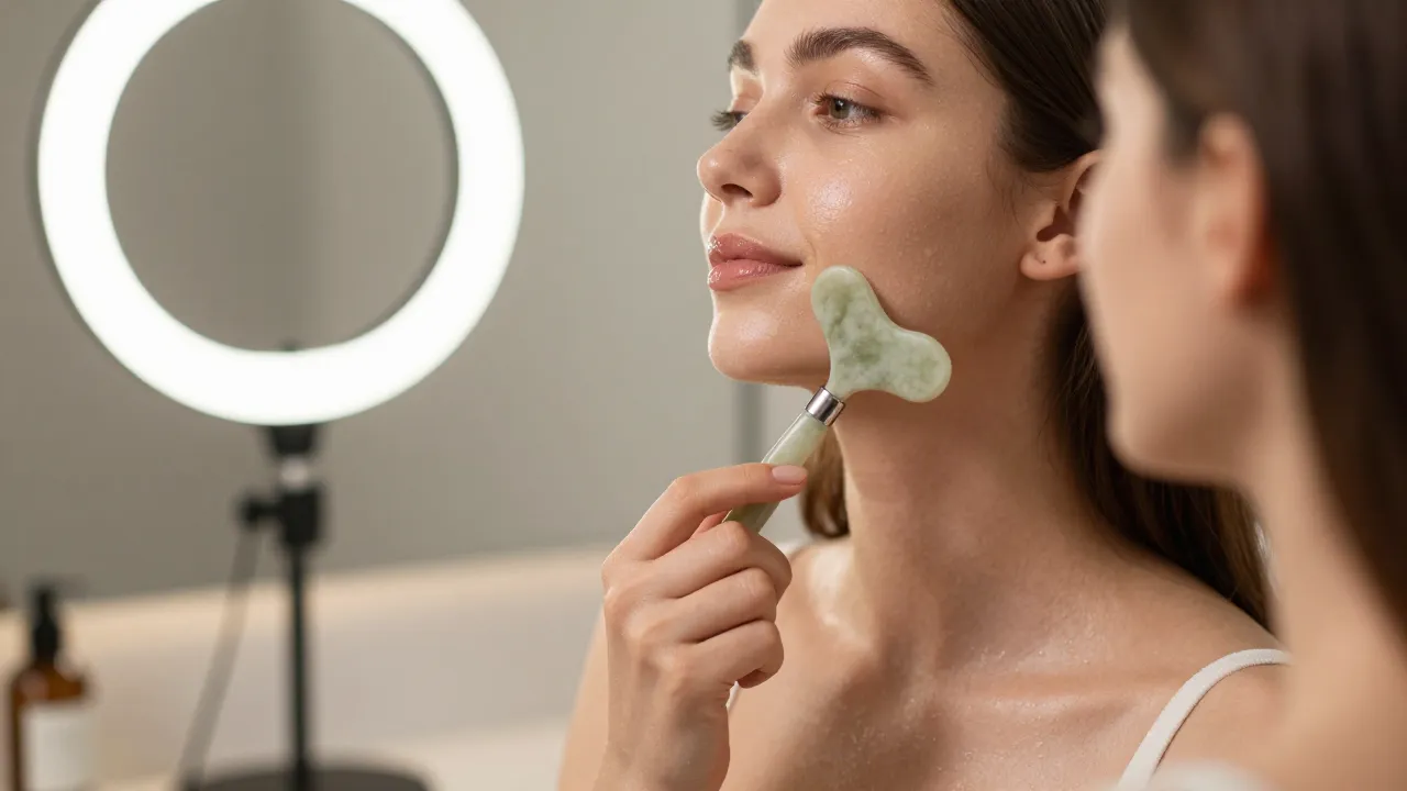 Woman using jade gua sha tool on jawline in front of ring light with dewy skin