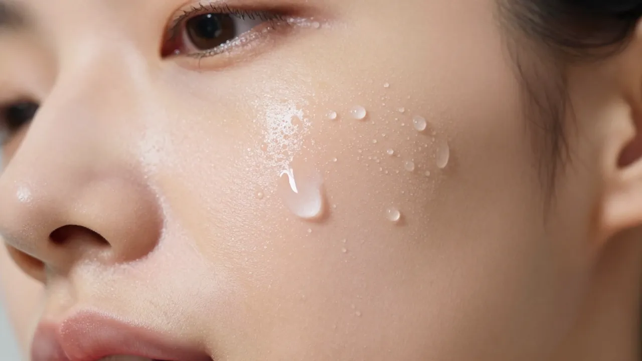 Close-up of ice roller gliding across cheek with dewy trail in macro beauty photography
