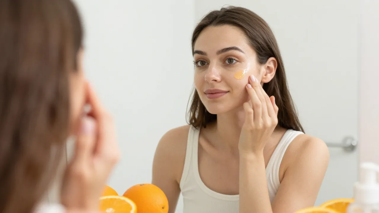 Woman applying vitamin C serum to cheek in bathroom mirror with fresh oranges on counter