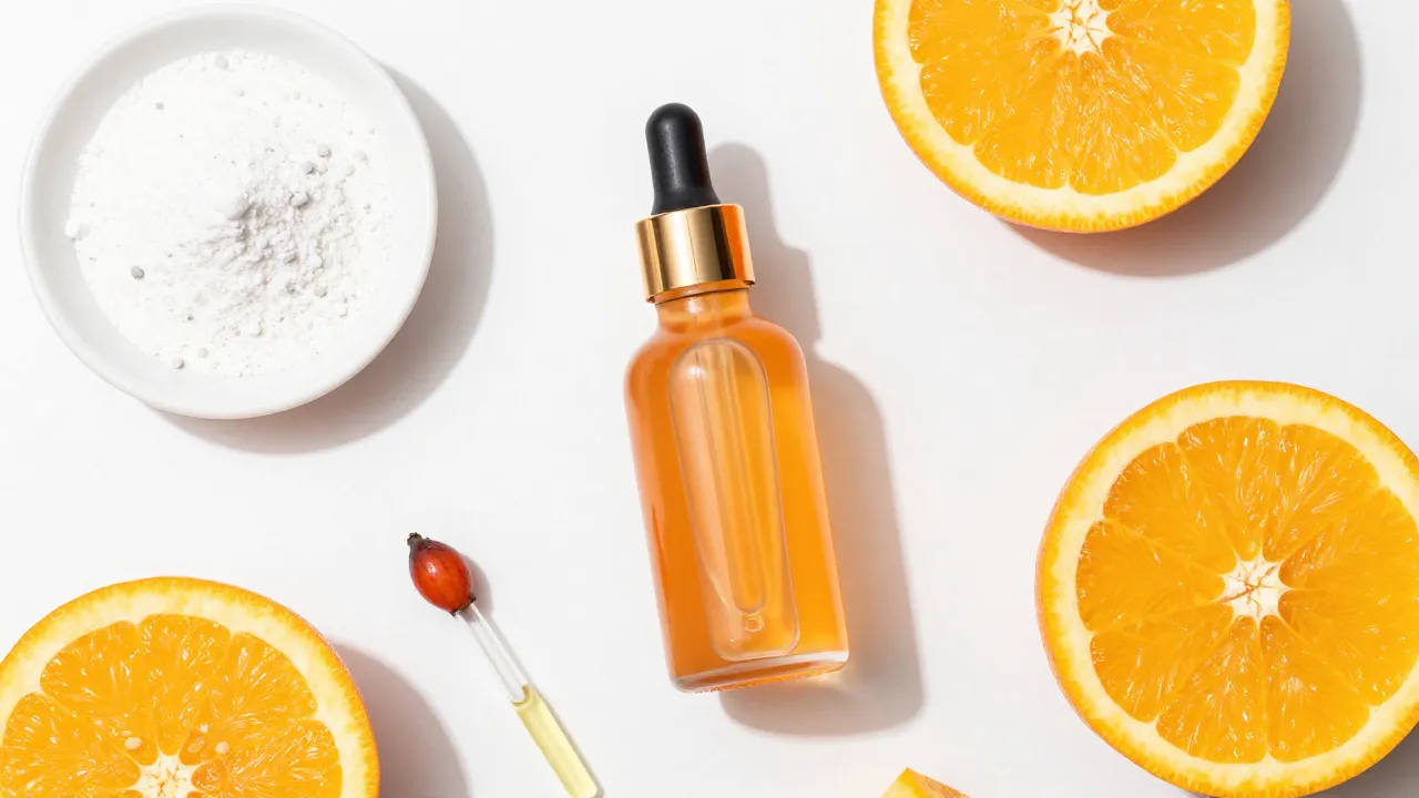 Vitamin C skincare flat-lay: orange serum dropper, fresh orange slices, rosehip oil, ascorbic acid powder