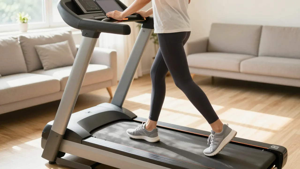 Person in athleisure walking on folding treadmill pad in sunny living room while reading tablet