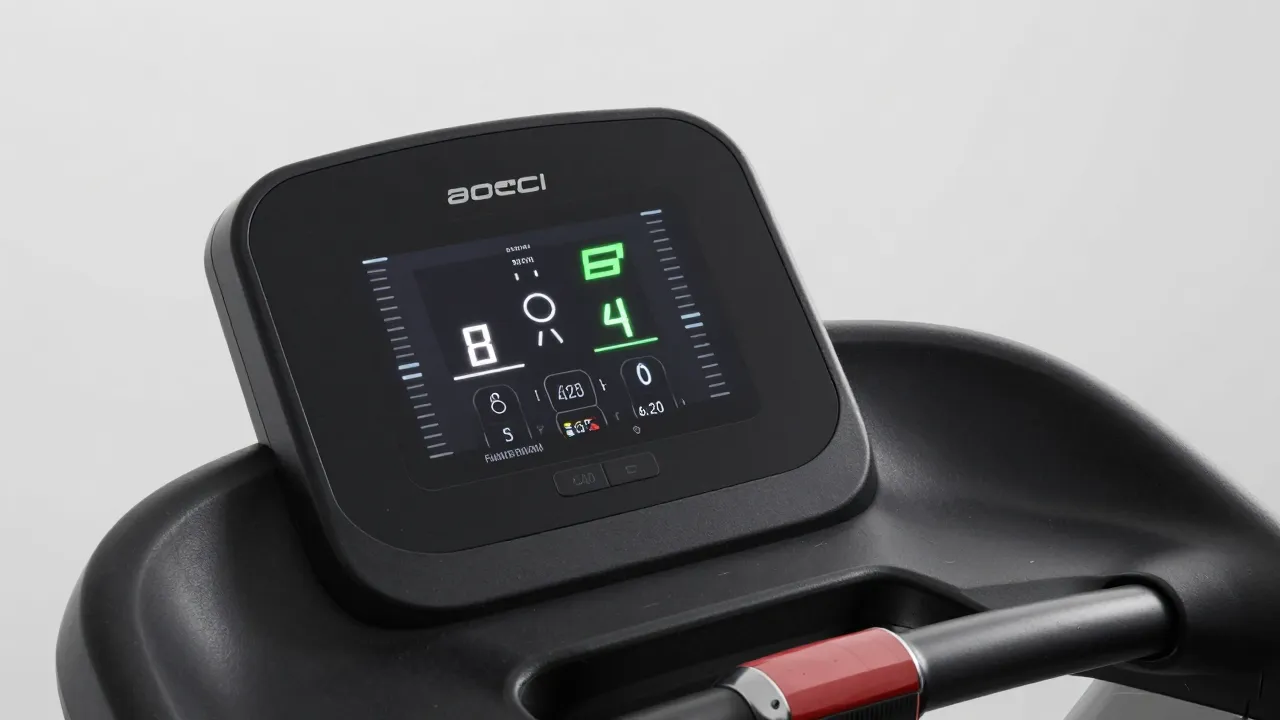 Close-up of walking pad LED display showing steps and speed on sleek black treadmill surface