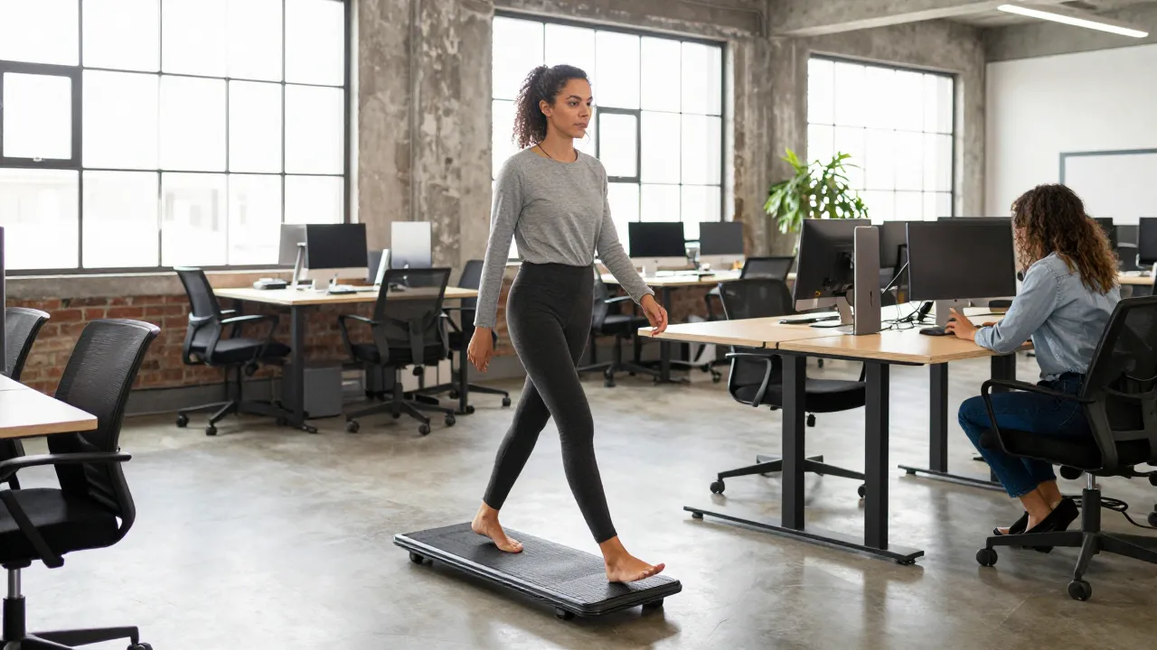Woman walking on compact walking pad while working at standing desk in modern coworking space
