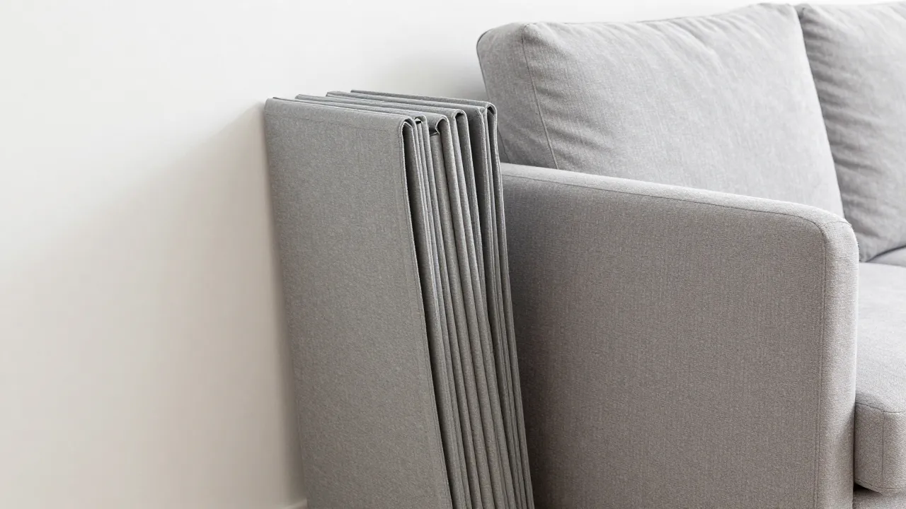 Folded walking pad stored vertically against wall next to couch showing compact storage profile