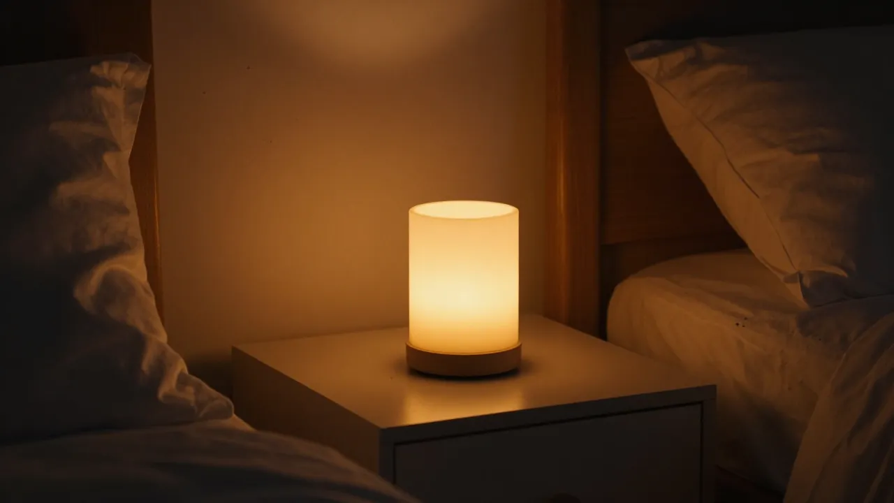 Glowing wax melting lamp on nightstand in cozy dimly lit bedroom with warm amber glow