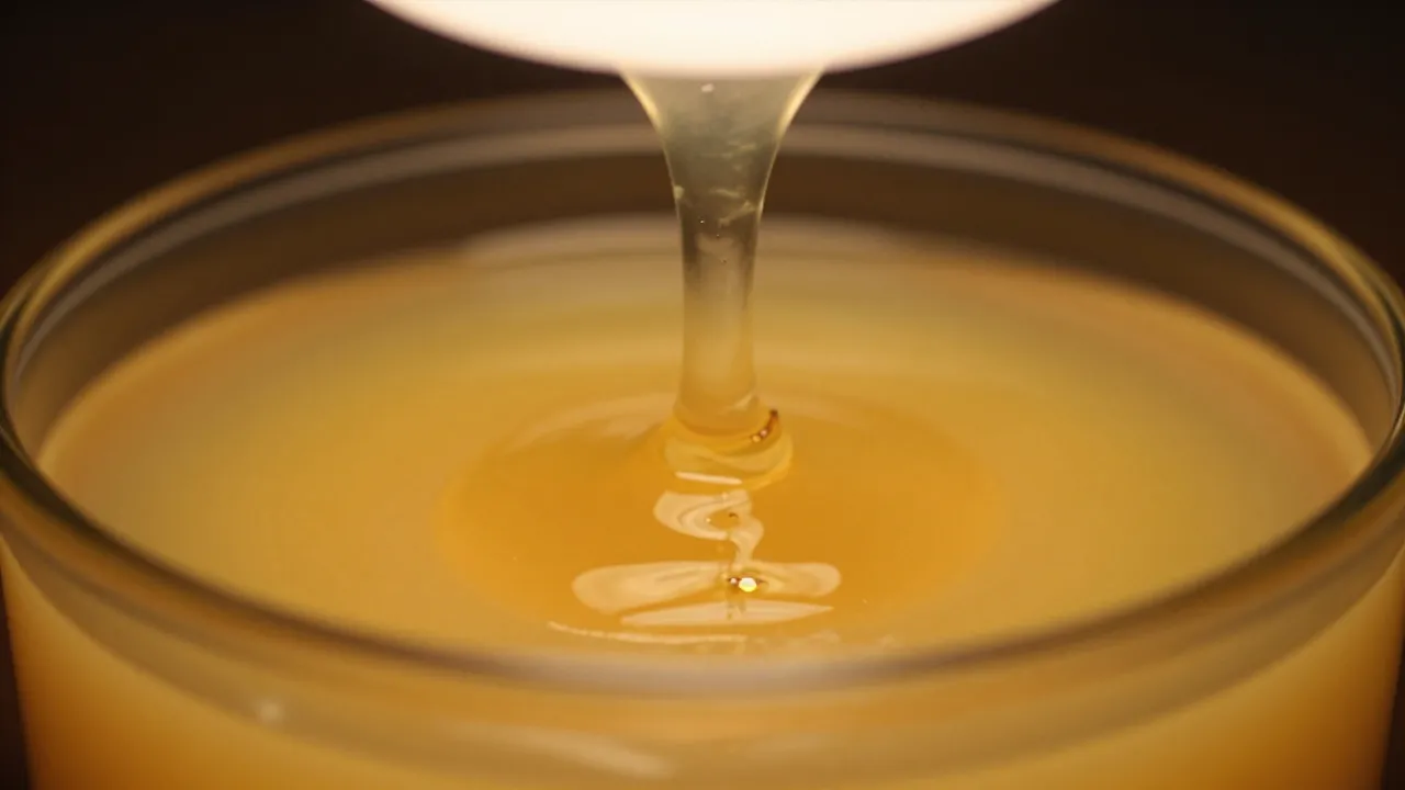 Close-up of wax slowly melting under warm lamp light with golden liquid pooling