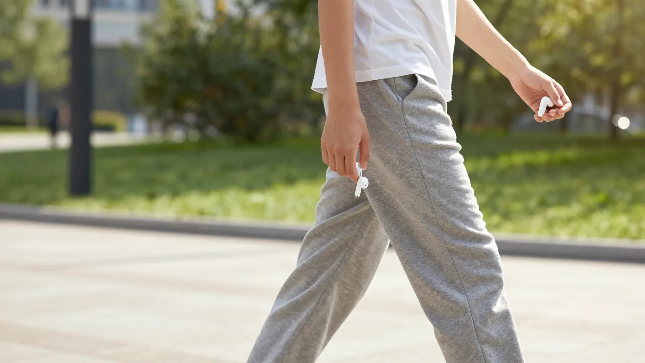 Person inserting wireless earbud while walking in urban park with morning sunlight
