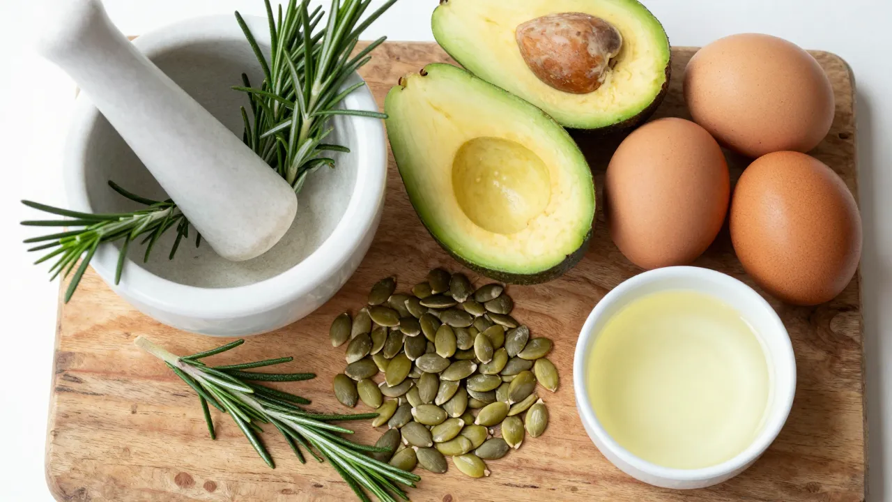 Natural hair growth ingredients on wooden board — rosemary, pumpkin seeds, avocado, eggs, coconut oil