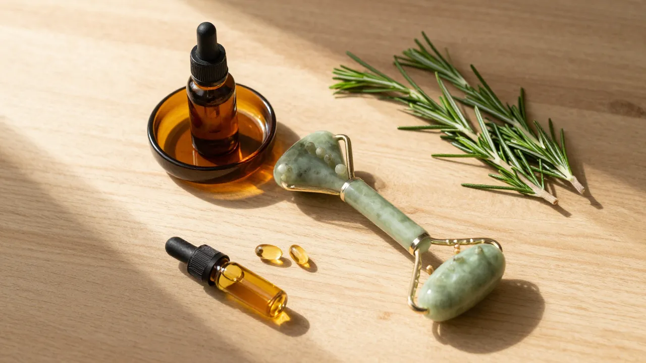 Hair growth essentials flat-lay with jade scalp massager, rosemary oil, biotin capsules, and castor oil