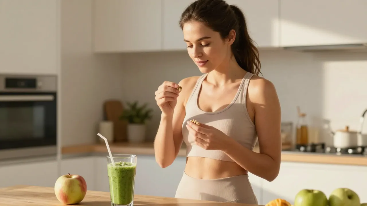 Woman in athleisure taking supplements with smoothie in bright modern kitchen morning routine