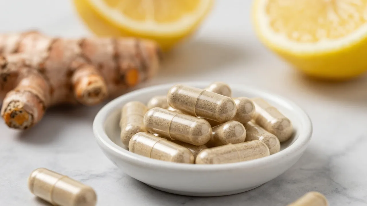 Supplement capsules in ceramic dish next to fresh turmeric root and lemon slices on marble