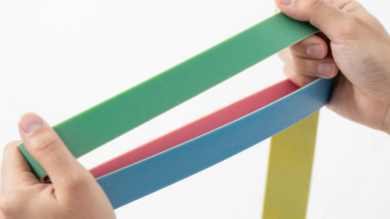 Close-up of colorful resistance bands stretched between hands showing texture and elastic detail