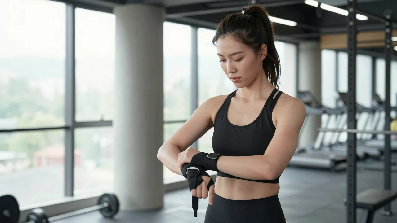 Woman in modern gym adjusting wrist wraps before lifting weights with confident expression