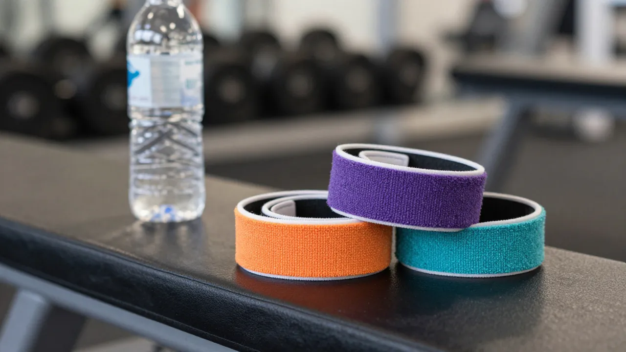 Close-up of colorful fabric resistance hip bands stacked on gym bench with water bottle