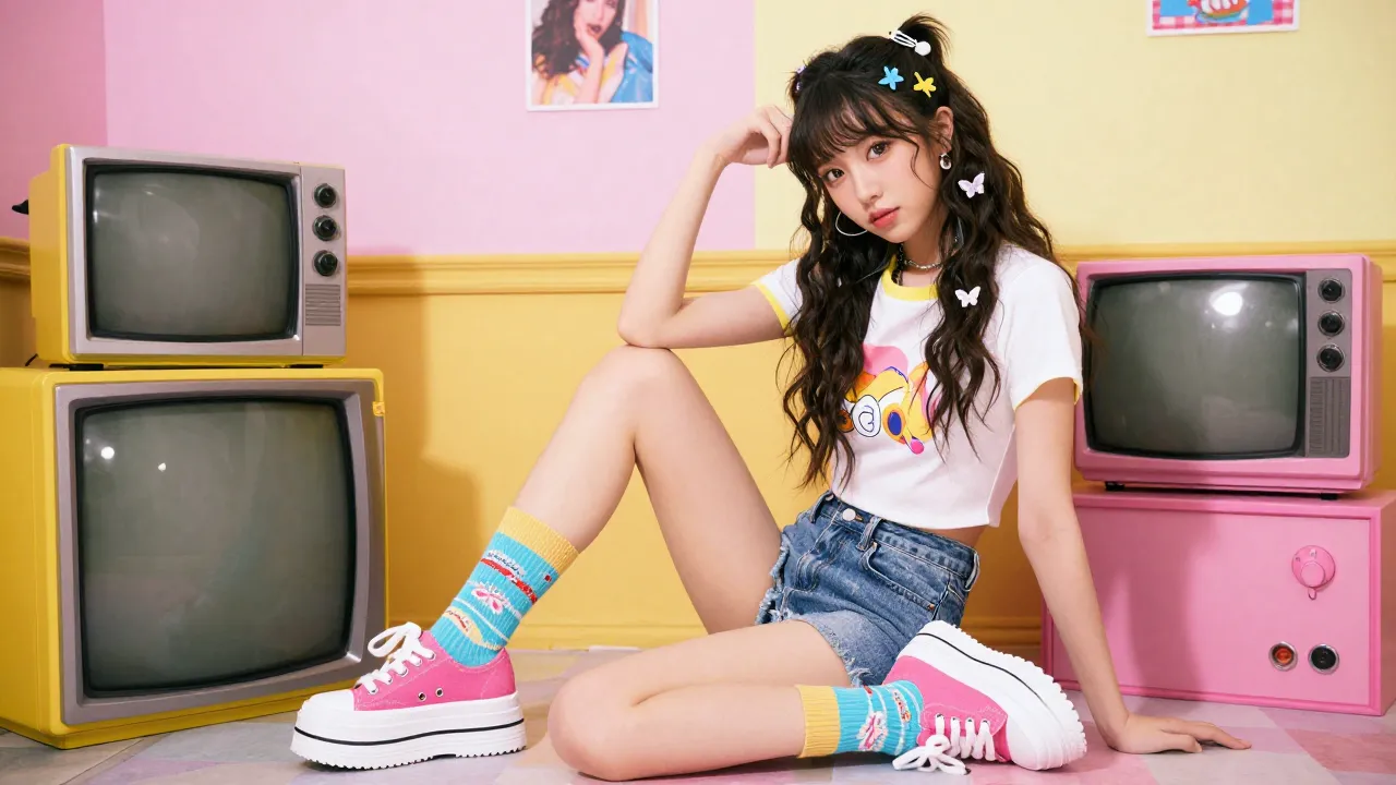 Young woman in Y2K inspired outfit with butterfly clips and platform sneakers in colorful retro room