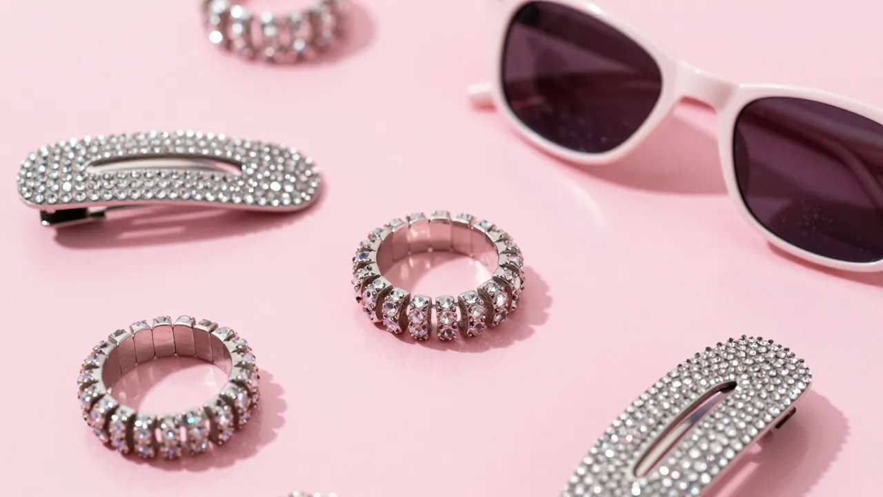 Close-up of Y2K accessories with rhinestone hair clips chunky rings and tiny sunglasses on pink surface