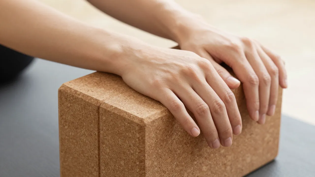 Close-up of hands resting on cork yoga block during forward fold showing texture detail