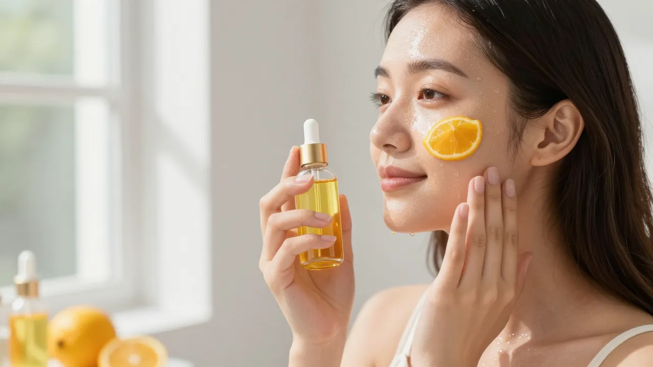 Woman applying bright citrus facial oil in sun-drenched bathroom with glowing dewy skin