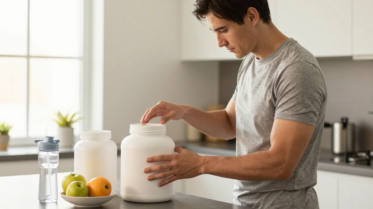 Athletic man organizing supplement containers in modern kitchen during morning routine