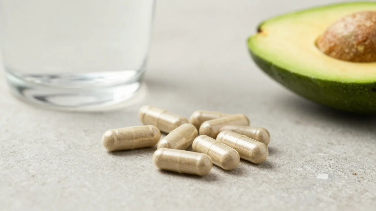 Close-up of mineral supplement capsules on stone surface next to water glass and avocado half