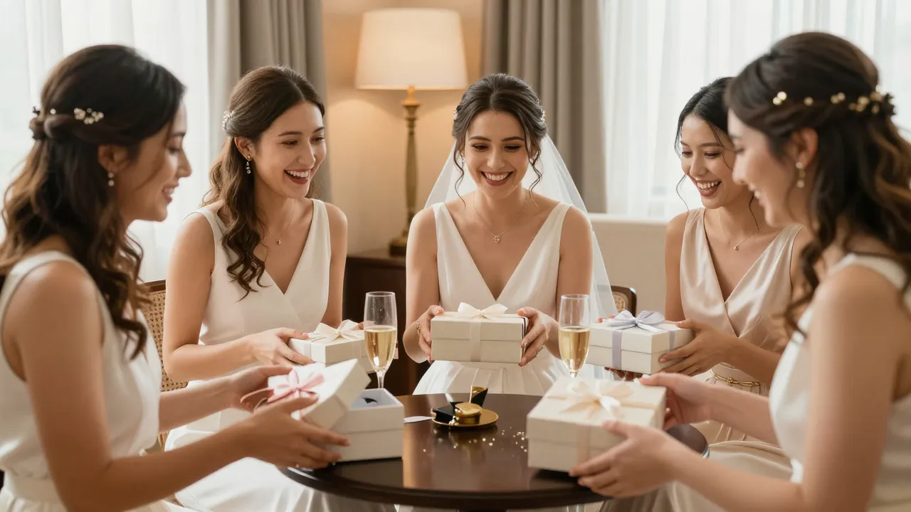 Bridesmaids opening matching gift boxes together in bright hotel suite laughing