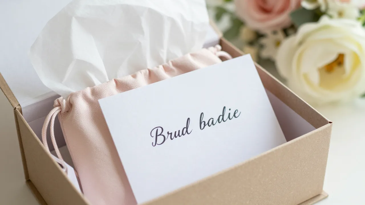 Close-up of personalized bridesmaid gift box with tissue paper jewelry pouch and handwritten card