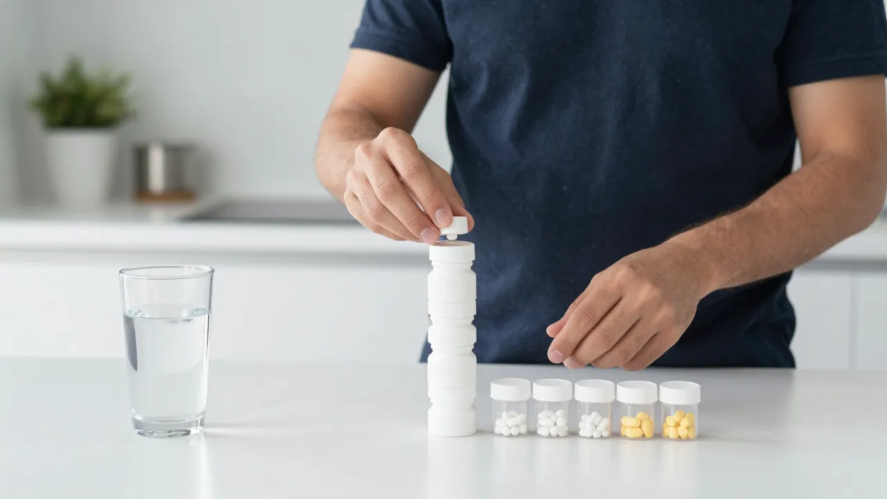 Man preparing precise morning supplement stack in minimalist kitchen with water and pill containers