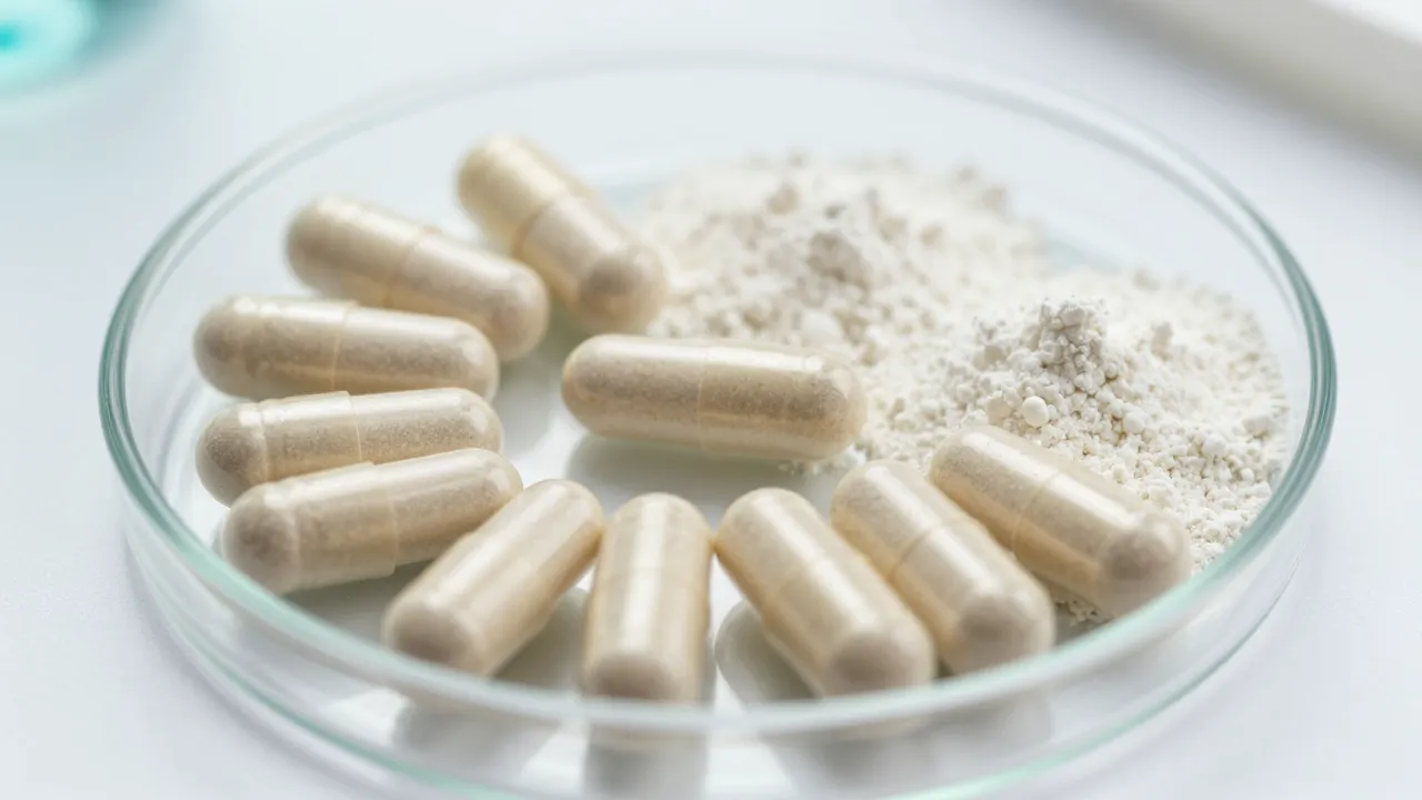 Close-up of supplement capsules and powders on petri dish-style glass plate with clinical precision