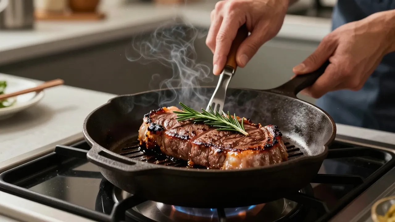 Person grilling thick steaks on cast iron pan in modern kitchen with rosemary garnish