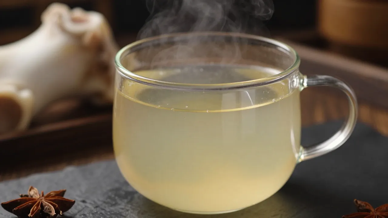 Close-up of bone broth in glass mug with steam rising surrounded by marrow bones and herbs