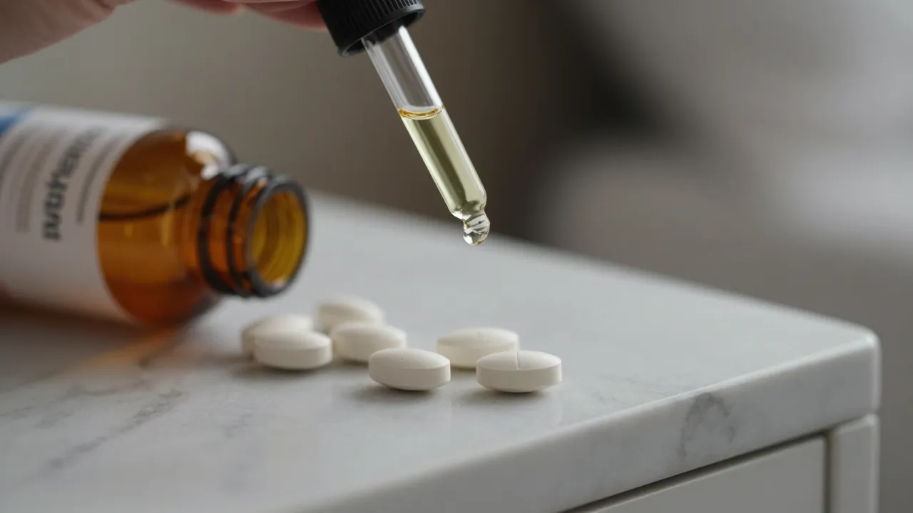 Close-up of CBD oil drops from glass dropper next to melatonin gummies on marble nightstand