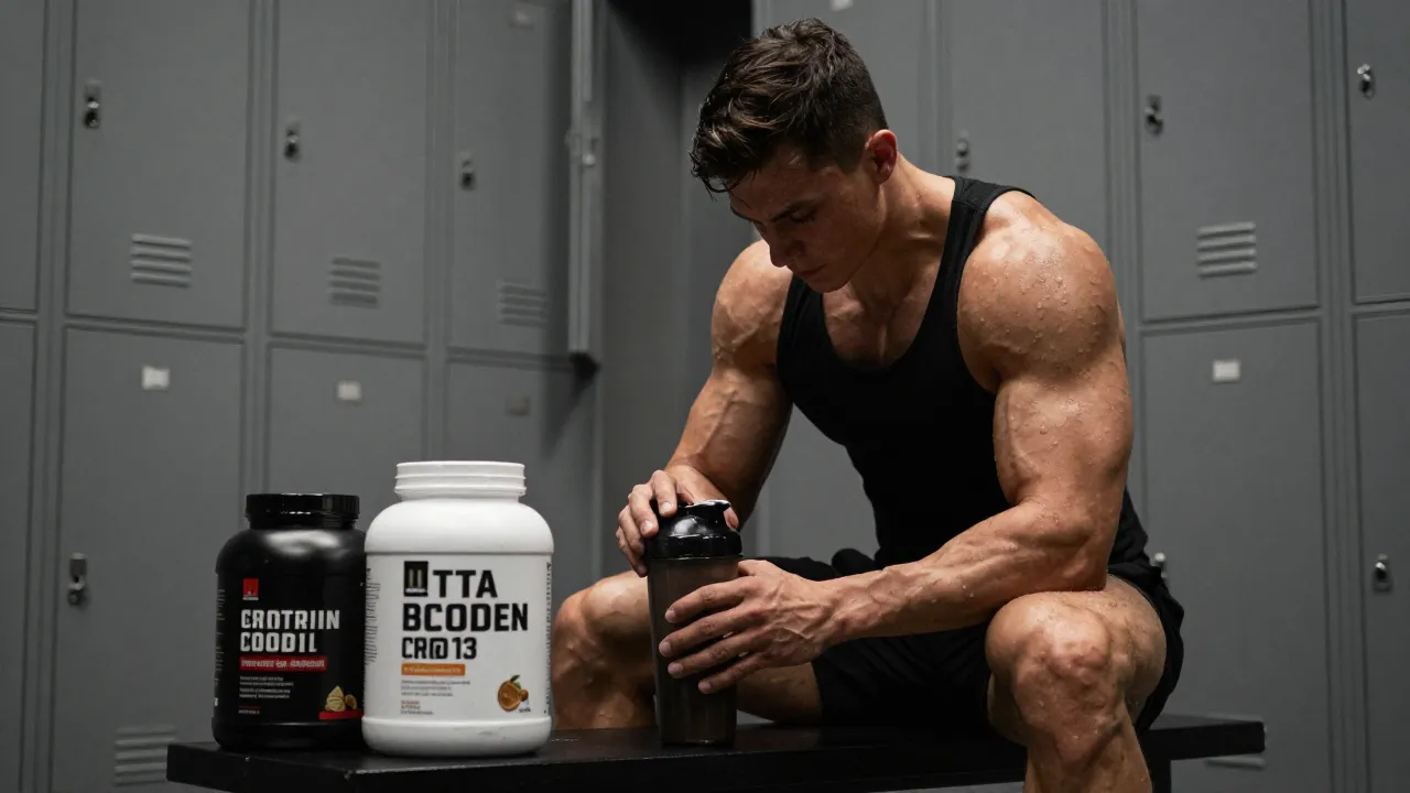 Muscular person mixing protein shake in gym locker room with supplement containers on bench