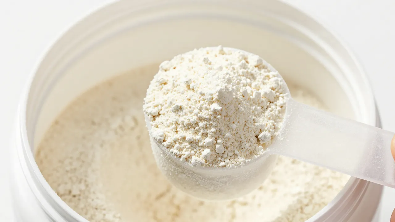 Close-up of protein powder being scooped from container showing texture and measurement scoop