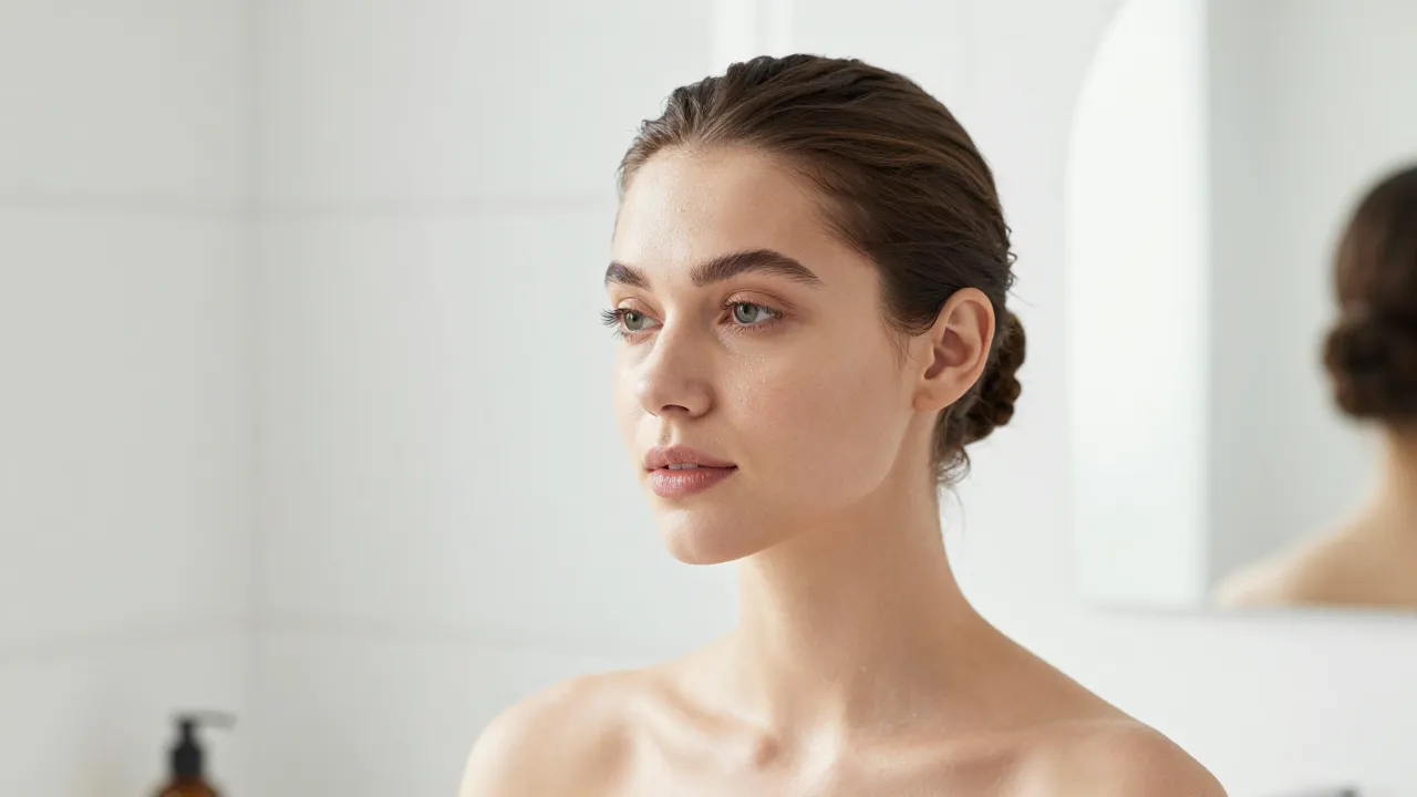 Young woman with dewy no-makeup-makeup look and slicked bun in bright minimal bathroom